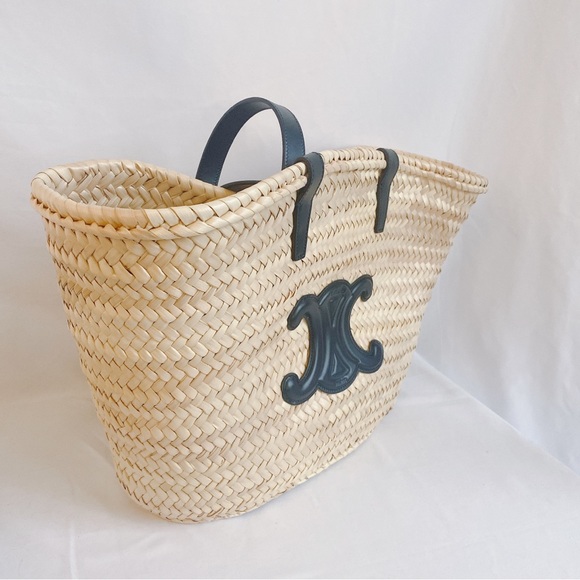 CELINE Triomphe logo leather trimmed raffia tote shoulder bag - Picture 7 of 10